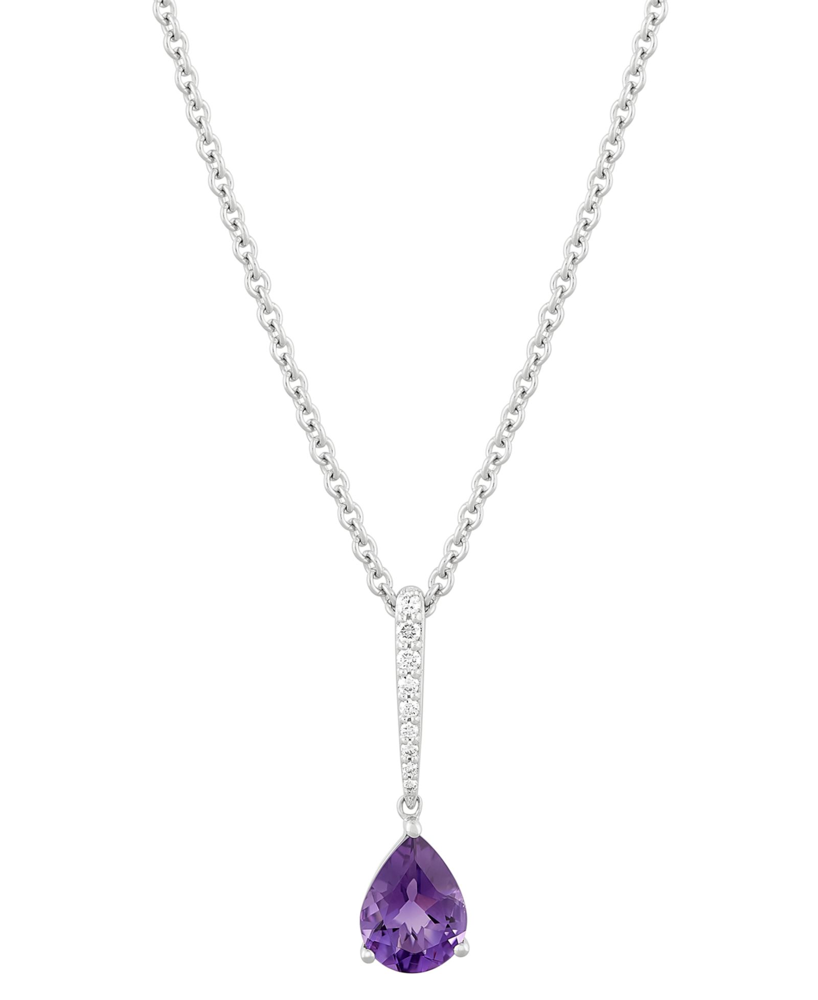 Подвеска-кулон с аметистом (7/8 ct. t.w.) и бриллиантом (1/20 ct. t.w.) в форме груши, 14k White Gold, 18" + 2" extender