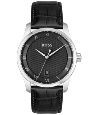 HUGO BOSS Men's Principle Quartz Basic Calendar Black Leather Watch 41mm