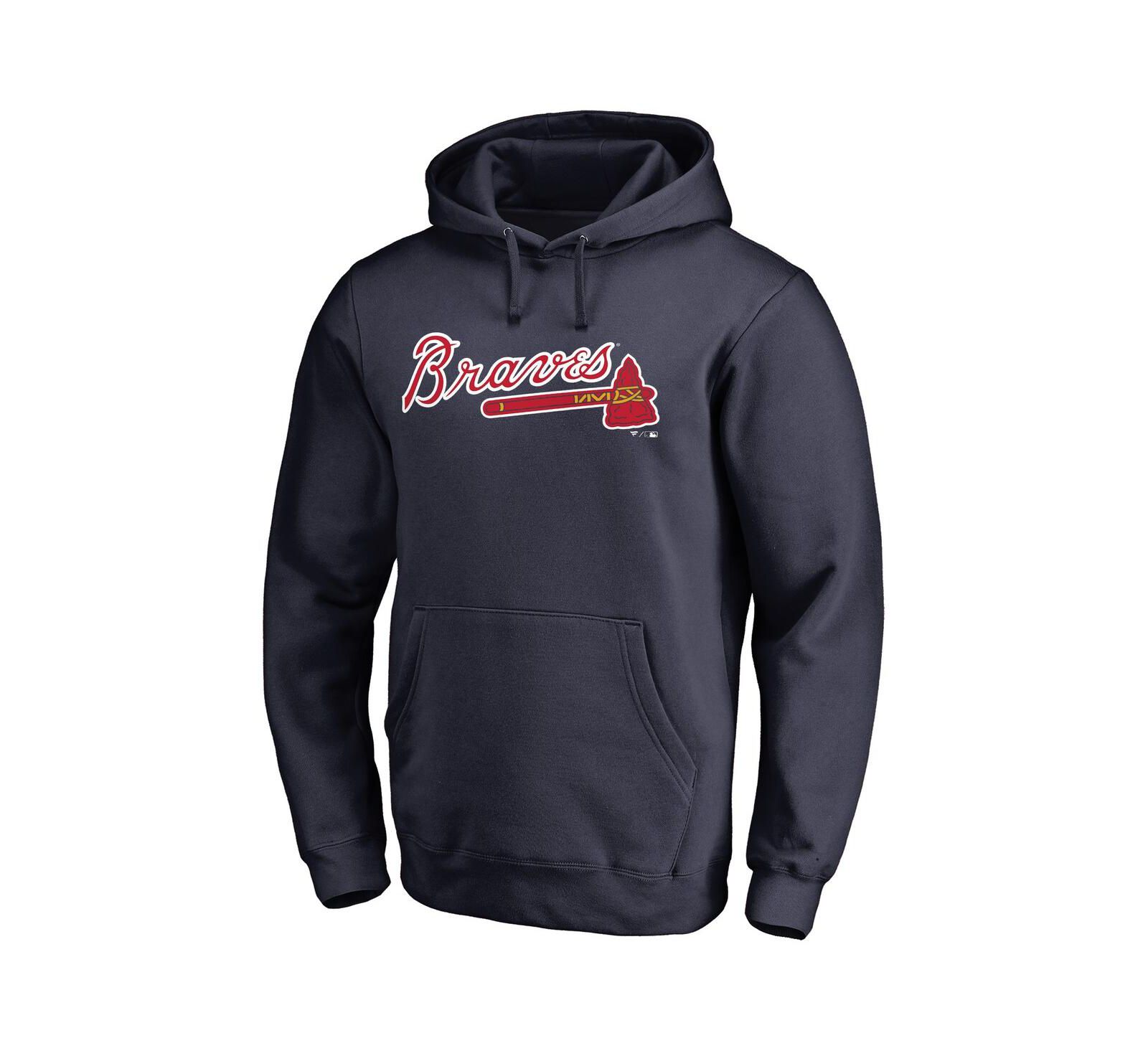 Мужское худи Fanatics Navy Atlanta Braves Official Wordmark Fitted Pullover
