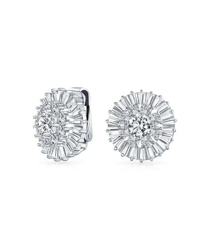 Серьги Bling Jewelry Fancy CZ Baguette Round Cubic Zirconia Button Clip On без прокола