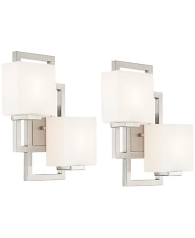 Possini Euro Design Lighting on the Square Modern Wall Light Sconces Set of 2 Brushed Nickel Hardwired 13.75" 2-Light Fixture Opal Glass