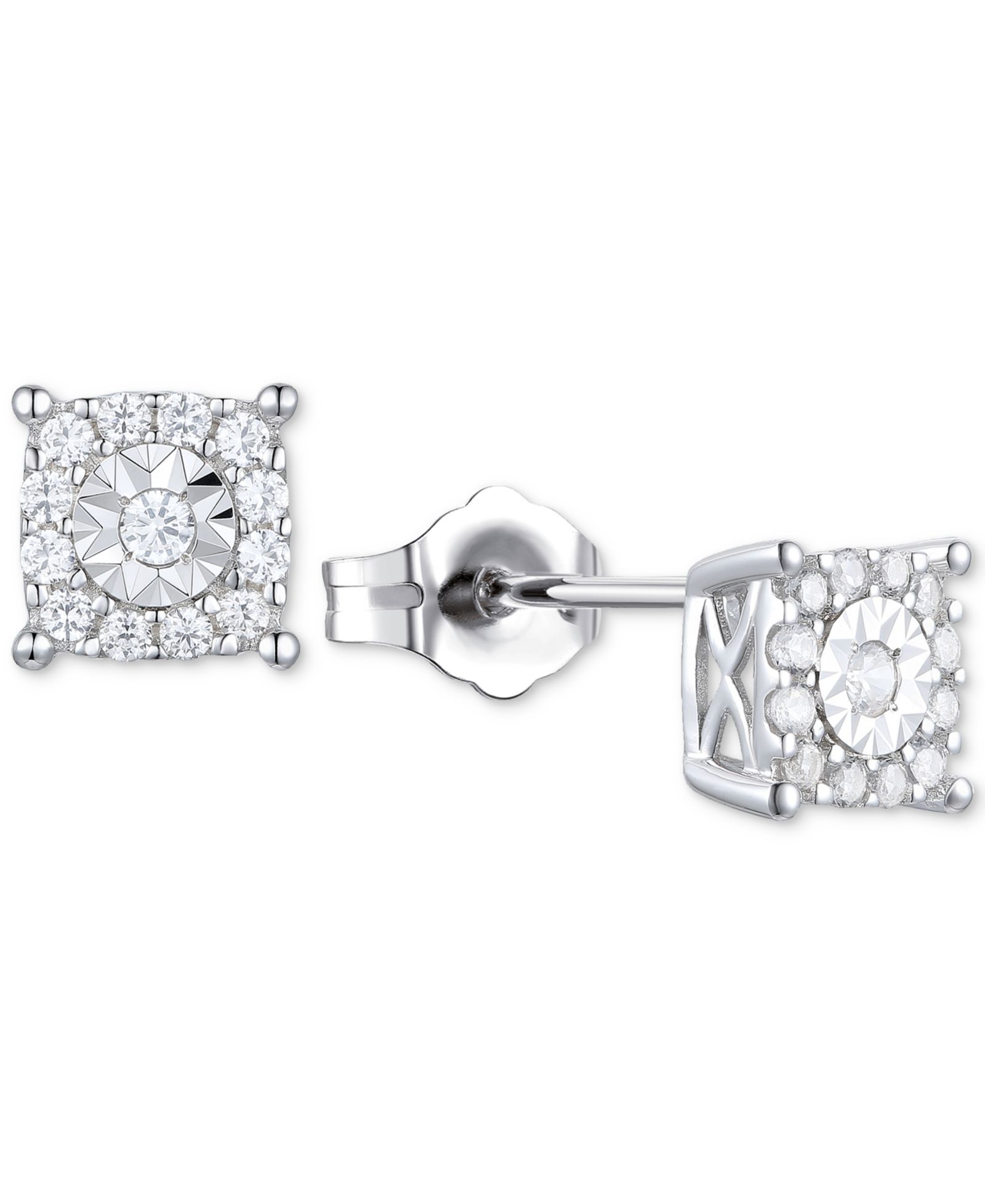 Серьги-гвоздики Diamond Square Halo в стерлинговом серебре
