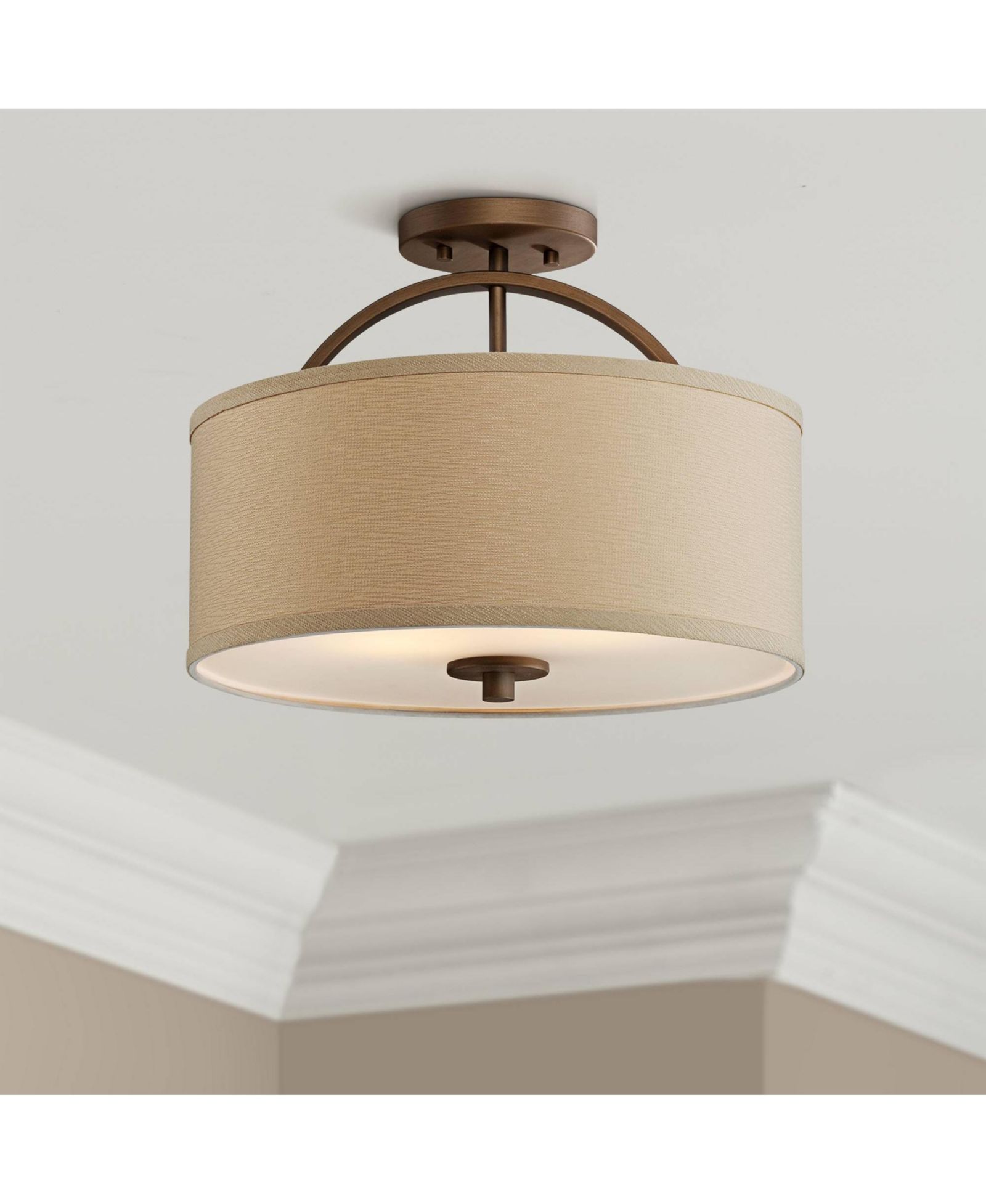 Possini Euro Design Halsted Modern Ceiling Light Semi Flush Mount Fixture 15" Wide Brushed Bronze 2-Light Oatmeal Linen Drum for Bedroom Living Room