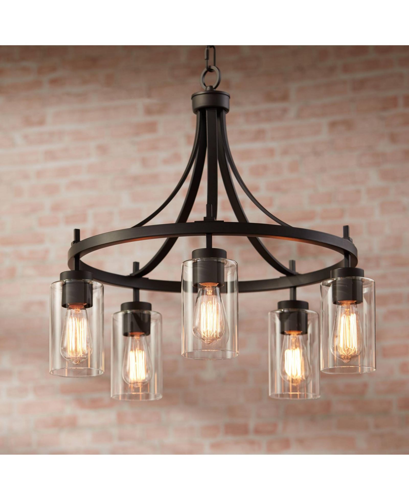 Franklin Iron Works Caleb Bronze Wagon Wheel Pendant Chandelier 23.75" Wide Industrial Clear Glass 5-Light Fixture for Dining Room House Foyer Entryway Kitchen Bedroom Living Room High Ceilings