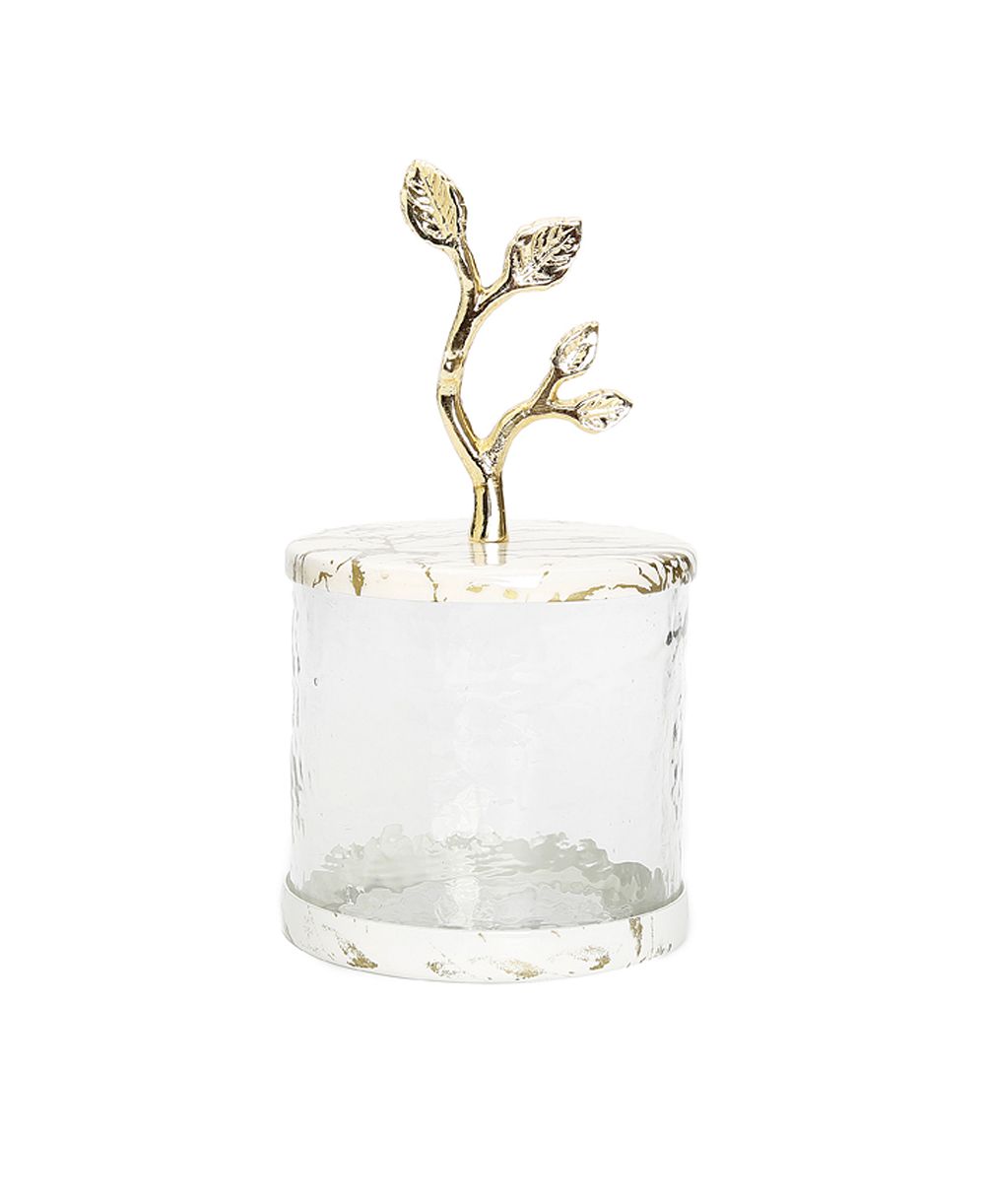 Glass Canister with Gold-Tone Marble Lid and Leaf Handle