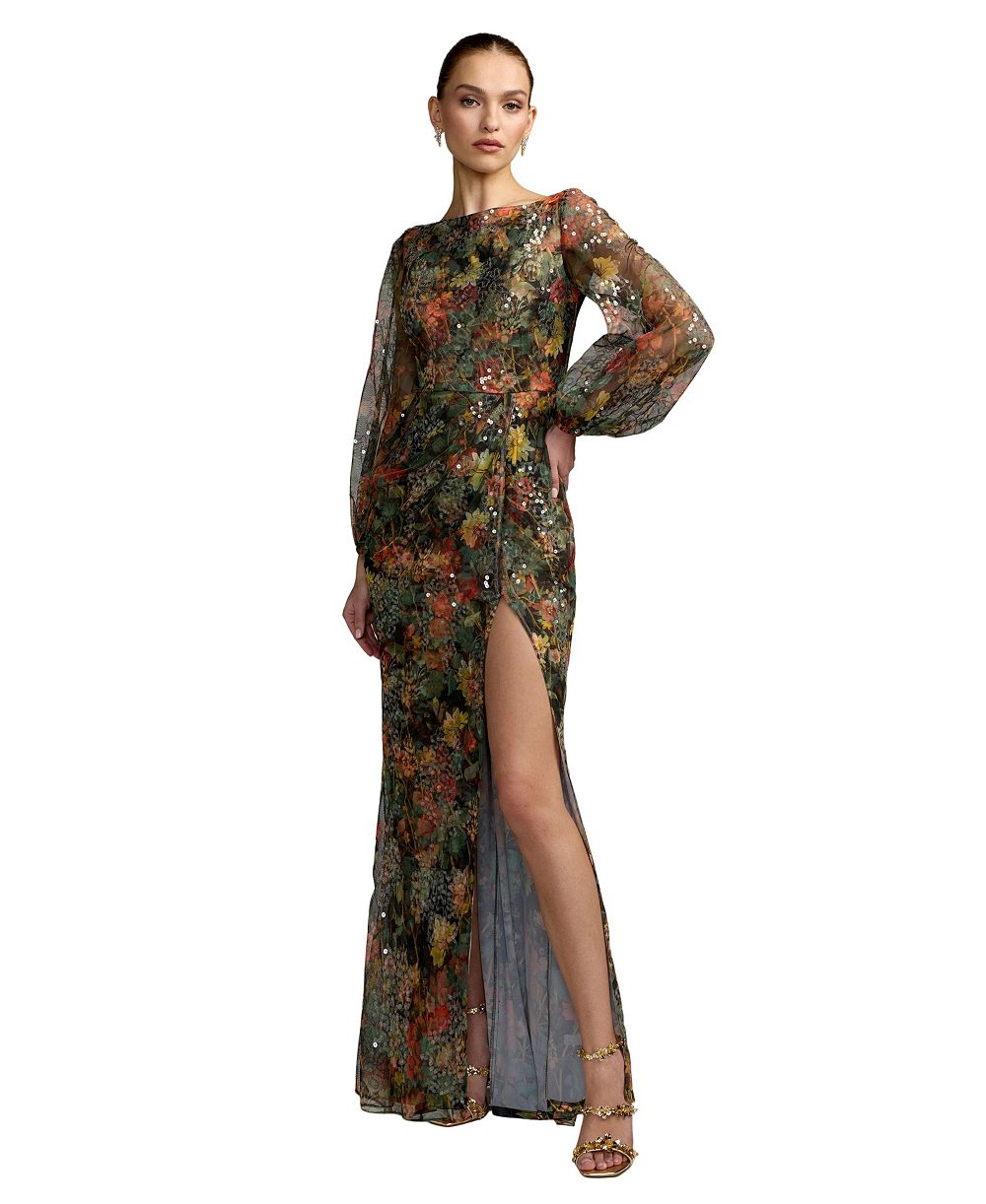 Женское вечернее платье Mac Duggal Floral Applique Sequined Puff Sleeve