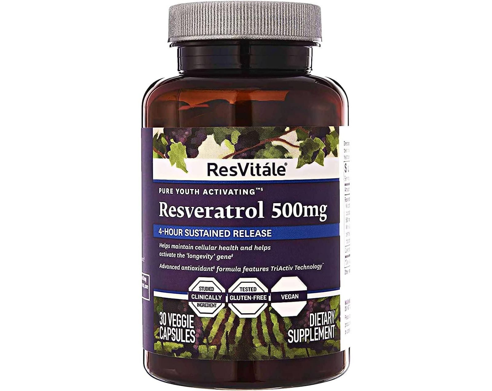 ResVitale ресвератрол 500mg — антиоксиданты для здоровья сердца и кожи, экстракт виноградных косточек — 30 вегетарианских капсул