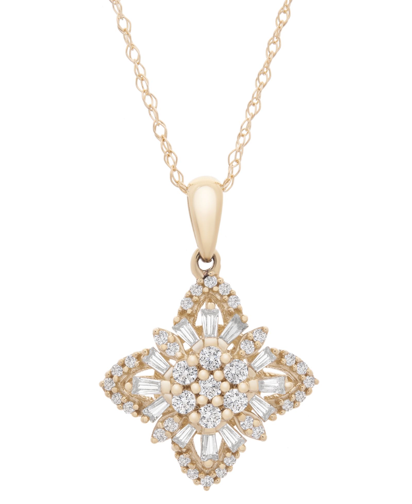Wrapped in Love™ Diamond Round & Baguette Flower Pendant Necklace (1/2 ct. tw) in 14k Gold, 18" + 2" extender, Created for Macy's