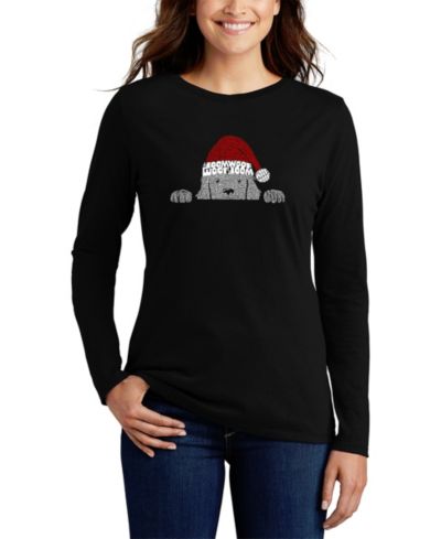 LA Pop Art Women's Christmas Peeking Dog Word Art Long Sleeve T-shirt