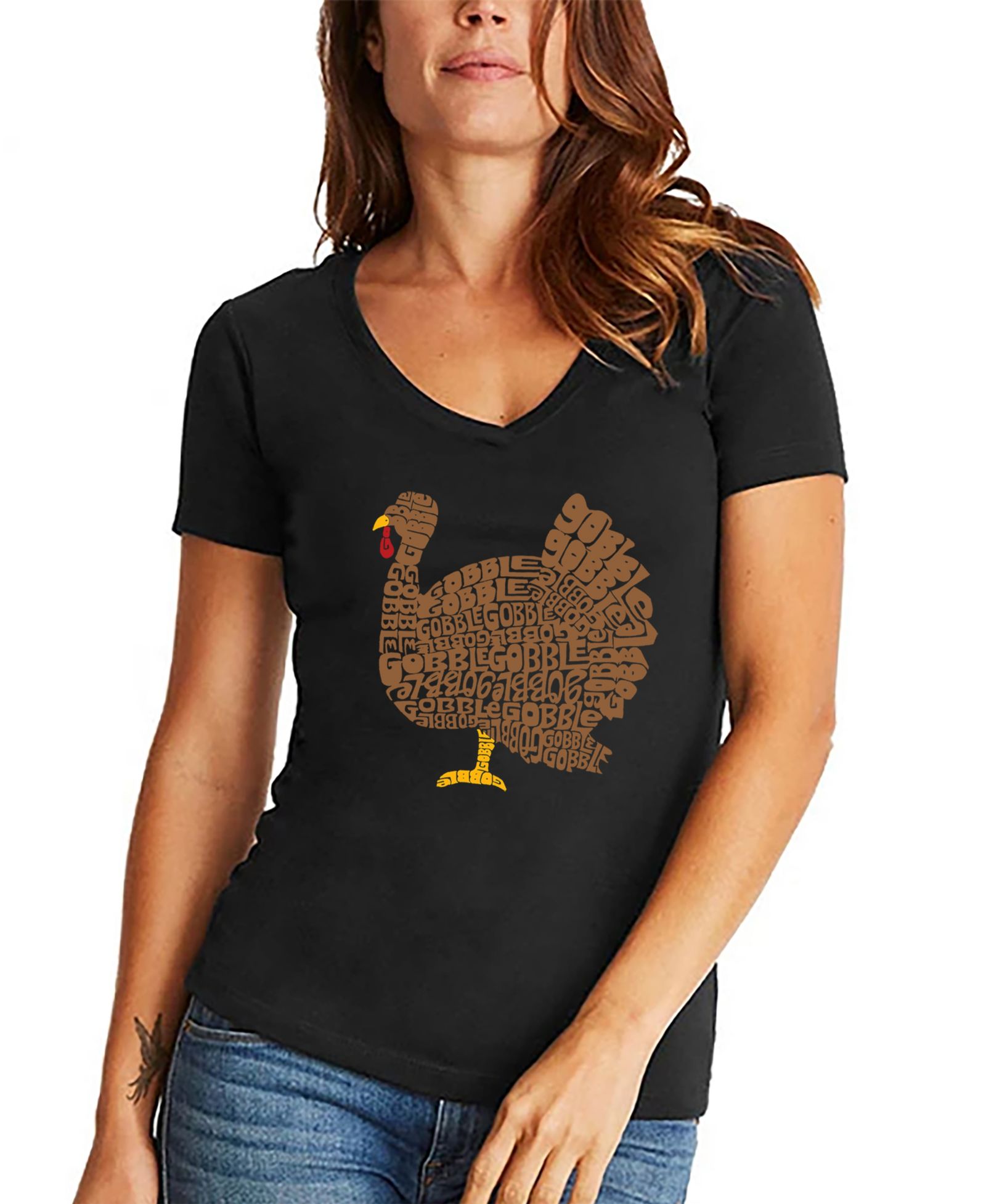 LA Pop Art Women's Thanksgiving Word Art V-neck T-shirt