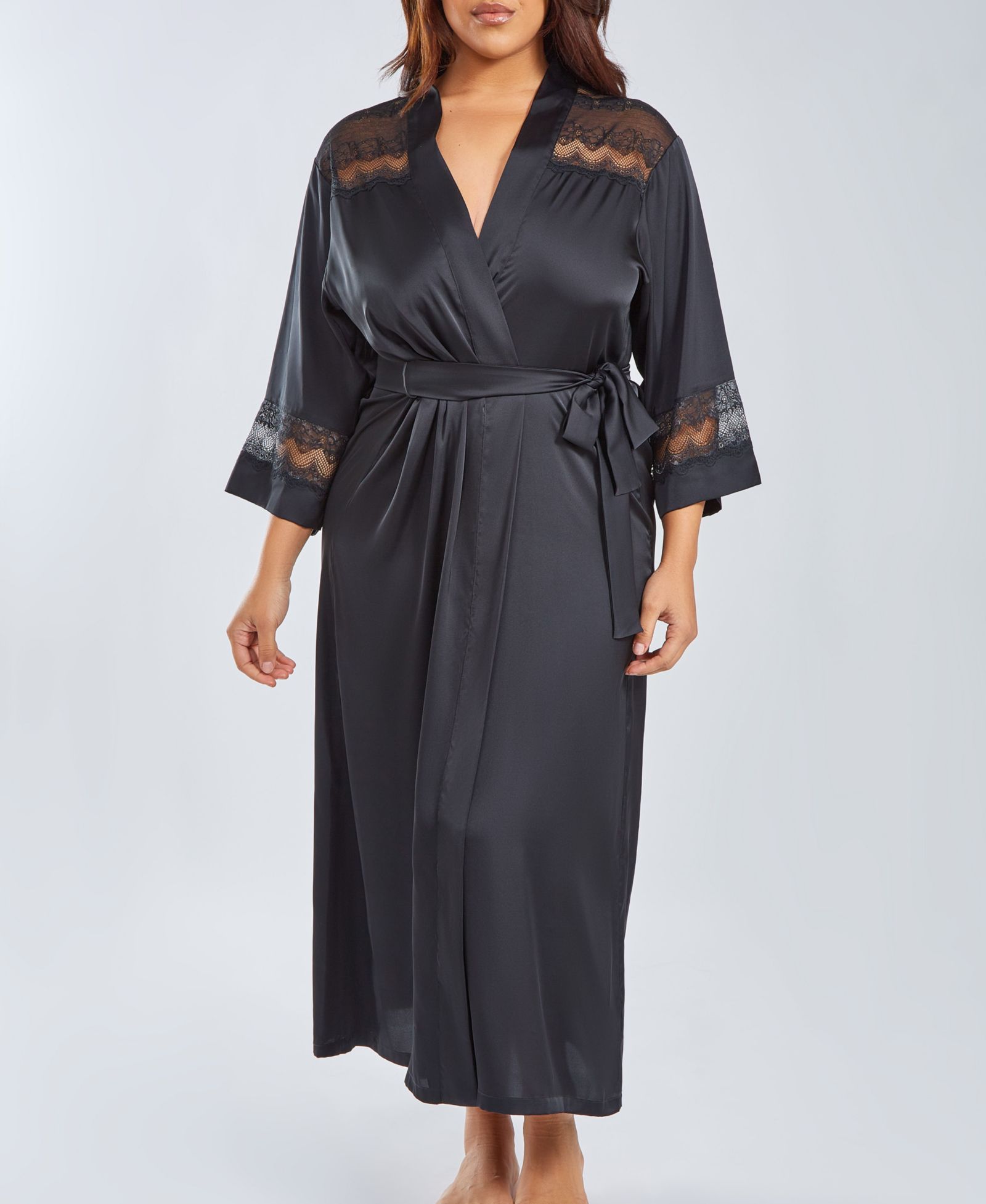 Длинный халат iCollection Plus Size Silky Stretch Satin с кружевом