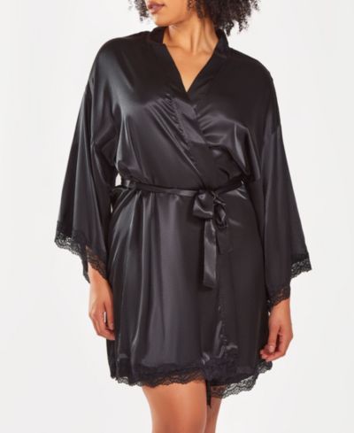 Короткий шелковый халат iCollection Plus Size с кружевной отделкой