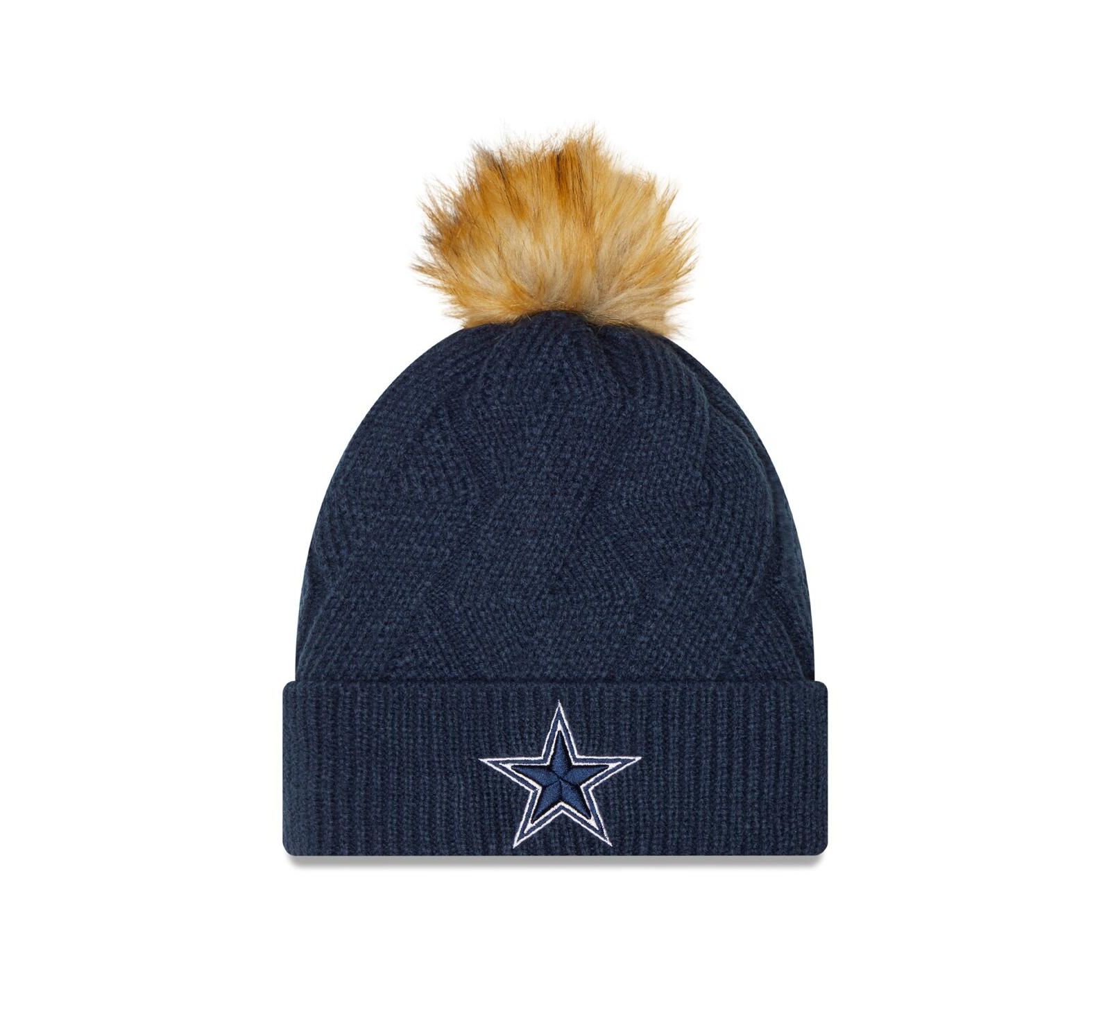 Женская вязаная шапка New Era Navy Dallas Cowboys Snowy Cuffed с помпоном