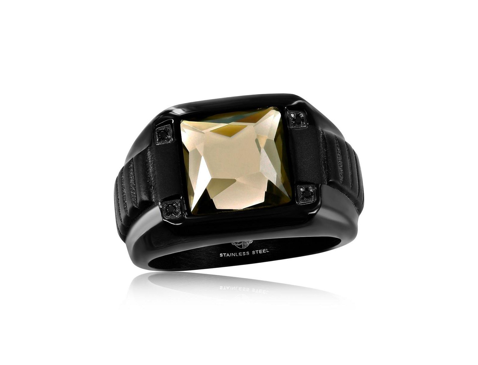 Stainless Steel Square Black CZ Ring - Gray Spinel