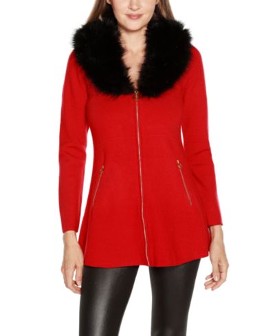 Belldini Women's Black Label Faux Fur Collar Cardigan Sweater