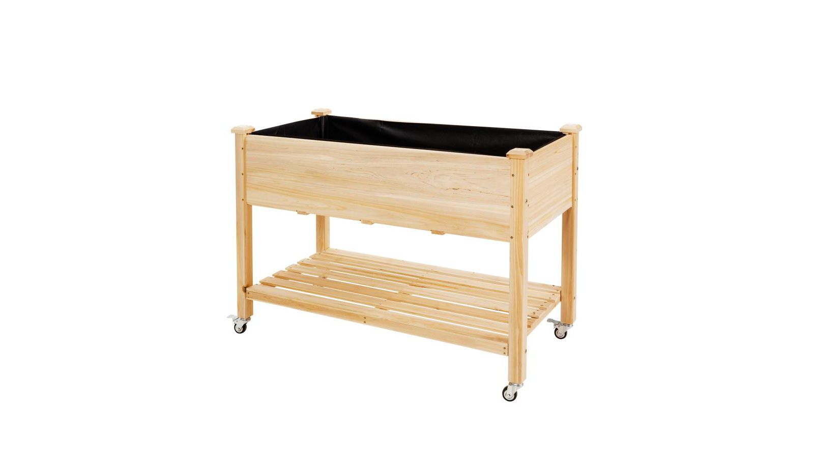 Elevated Wooden Planting Bed with Locking Wheels and Bottom Storage Shelf