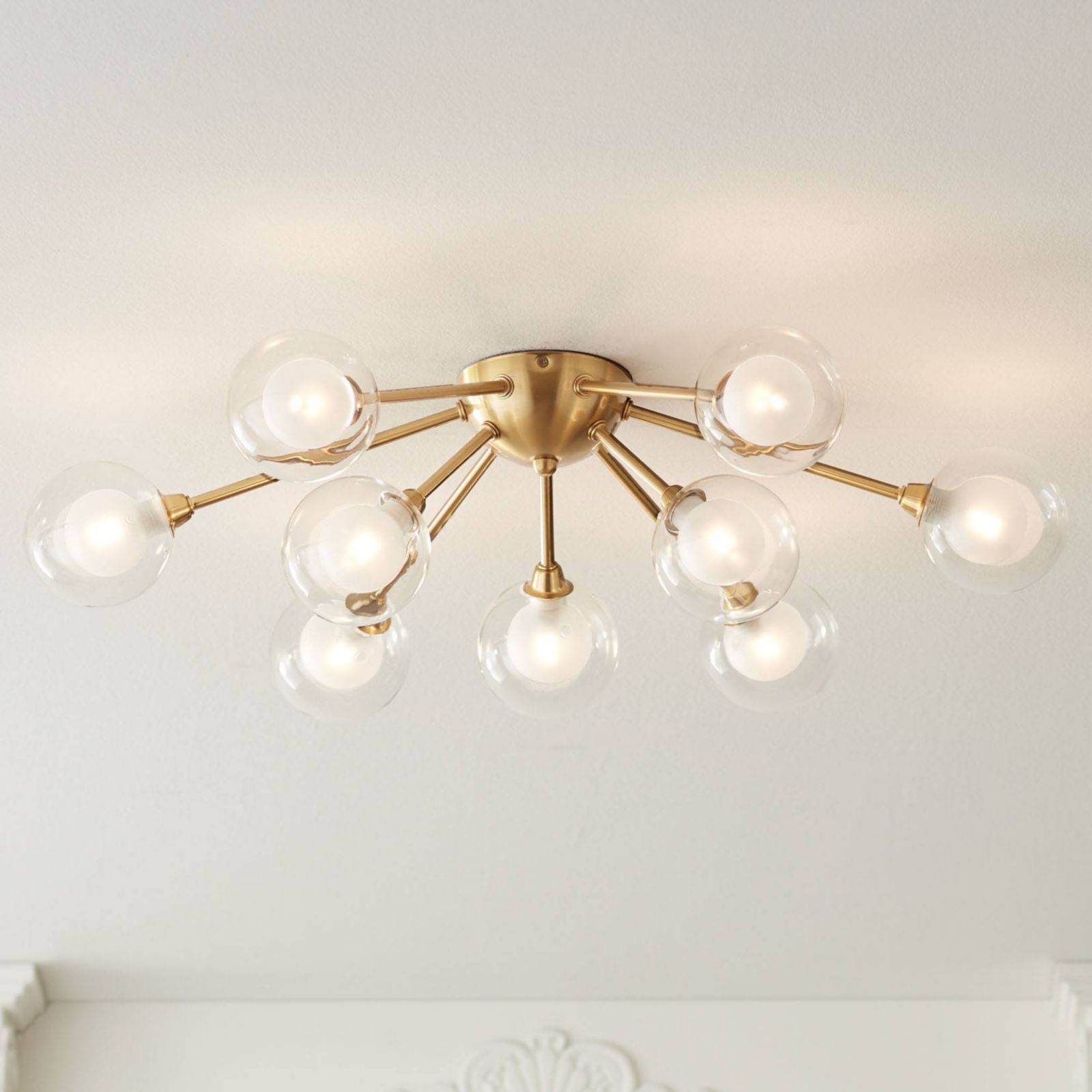 Possini Euro Design Warm Brass 9-Light LED Clear Globe Glass 28" Wide Modern Fixture Ceiling Light Flush Mount
