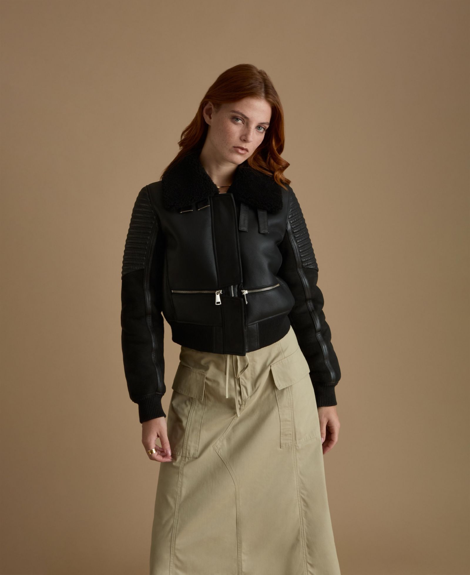 Furniq UK Women's Cropped Biker Style Shearling Jacket