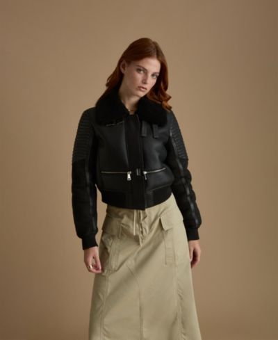 Furniq UK Women's Cropped Biker Style Shearling Jacket