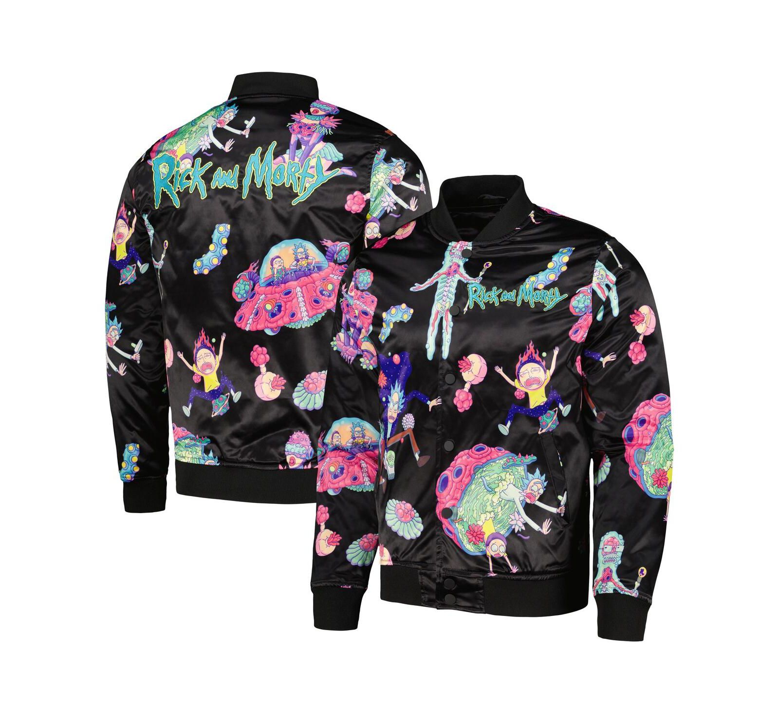 Men's Freeze Max Black Rick And Morty Graphic Satin Full-Snap Jacket
