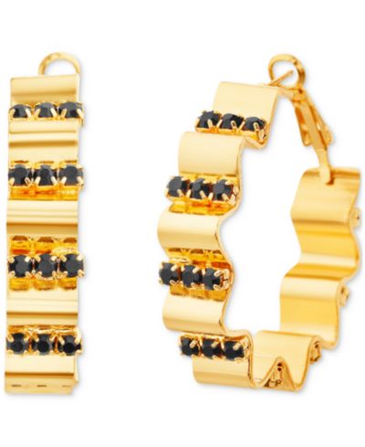 Серьги Kensie Gold-Tone Black Rhinestone Wavy Medium Hoop 1.6"