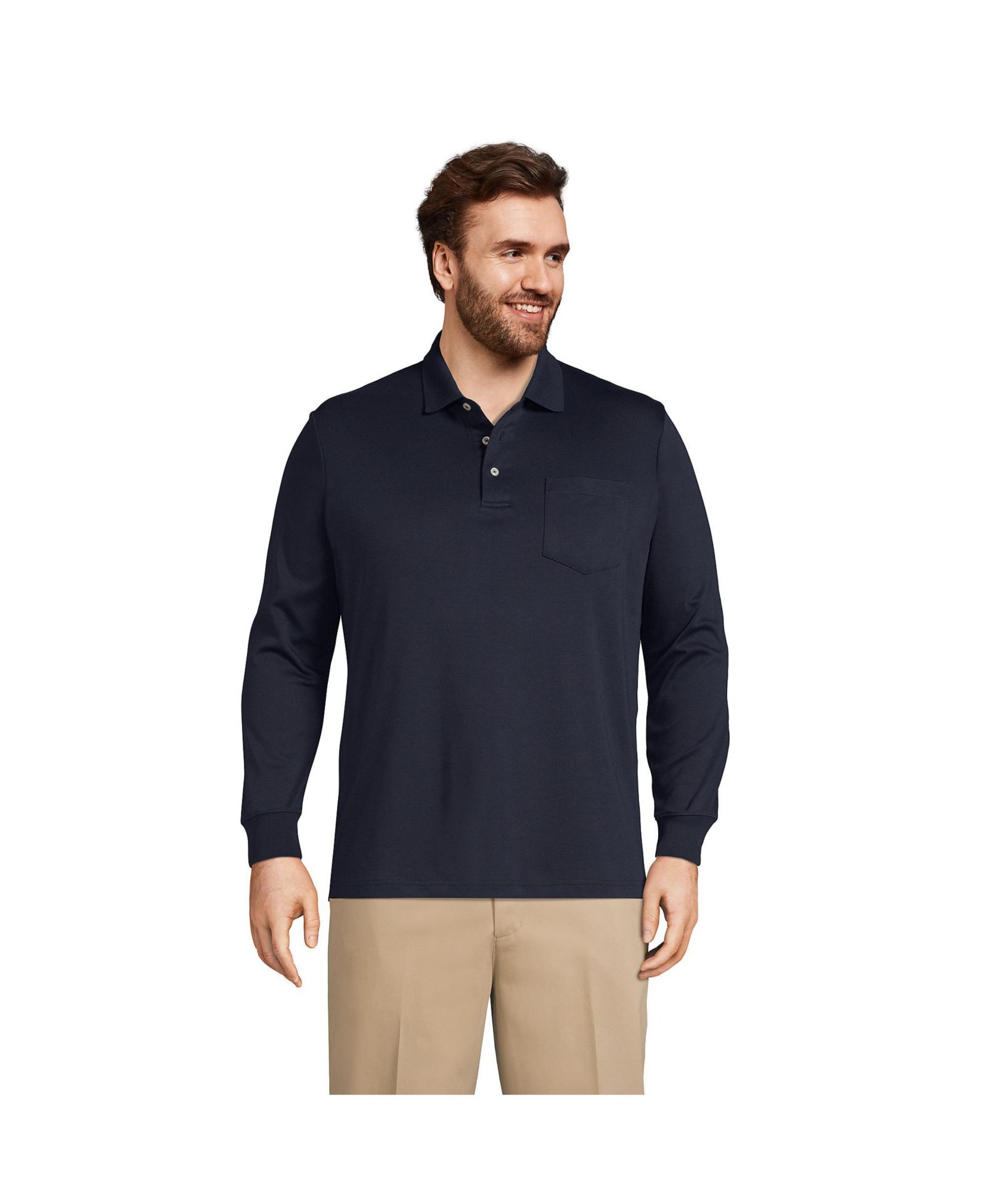Lands' End Мужская рубашка поло из хлопка Supima с длинным рукавом и карманом, Big & Tall