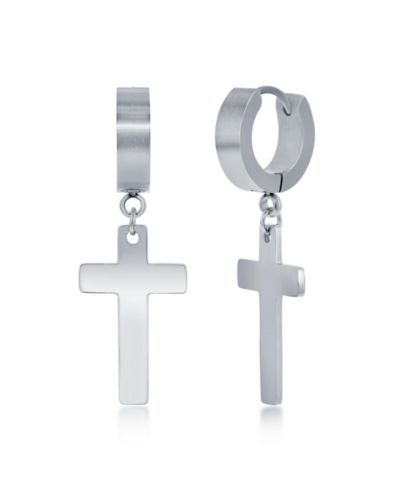 Серьги-кольца Metallo Mens Stainless Steel Cross Charm Polished Huggie Hoop