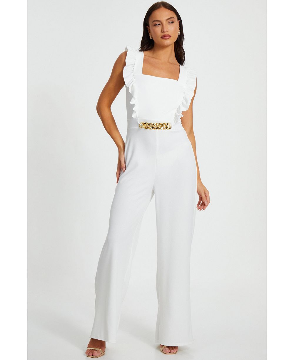 QUIZ Women's Scuba Crepe Frill Chain Front Jumpsuit