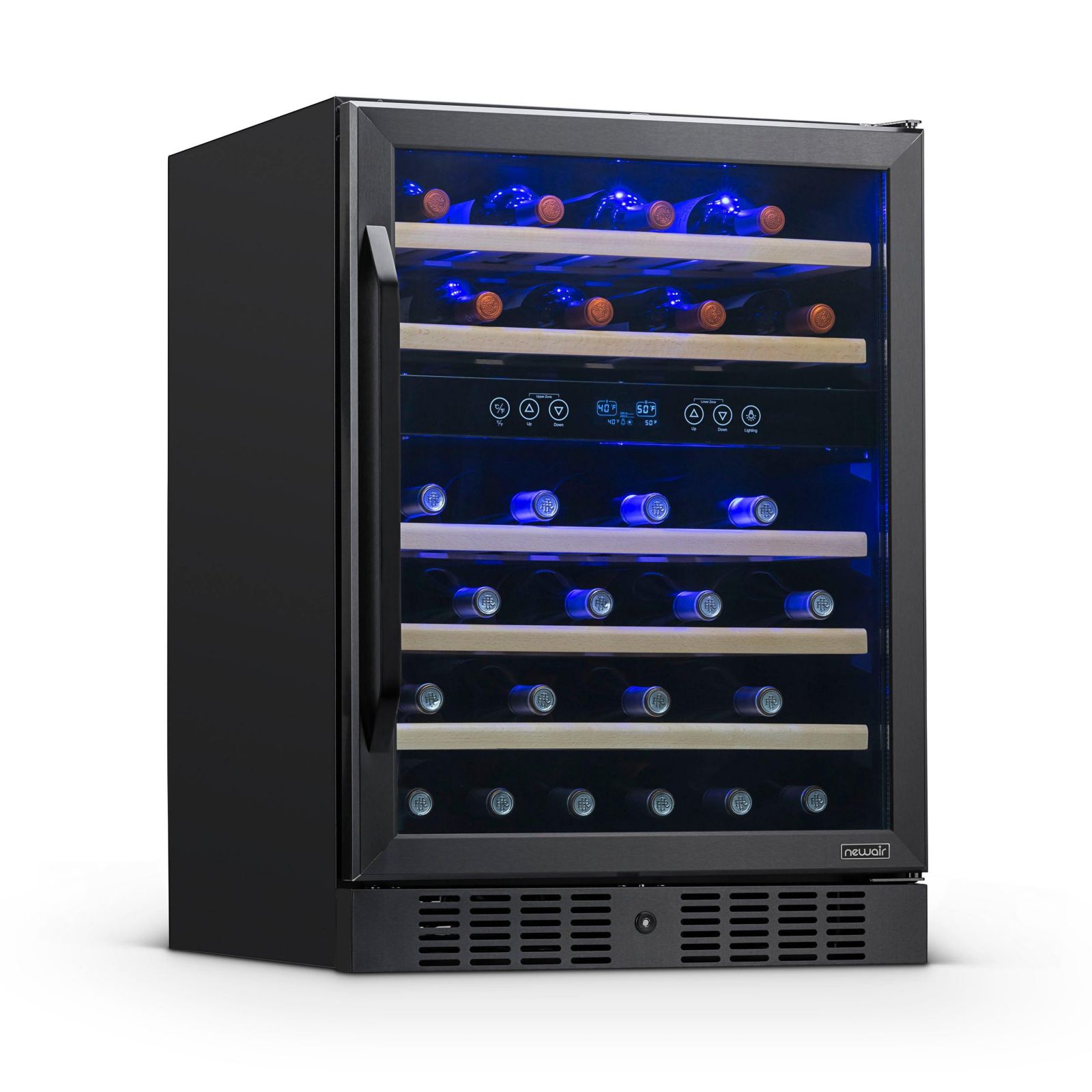 Newair 24-Inch 46-Bottle Built-In Dual Zone Wine Cooler with Beechwood Shelves, Quiet Operation, Black Stainless Steel Wine Refrigerator