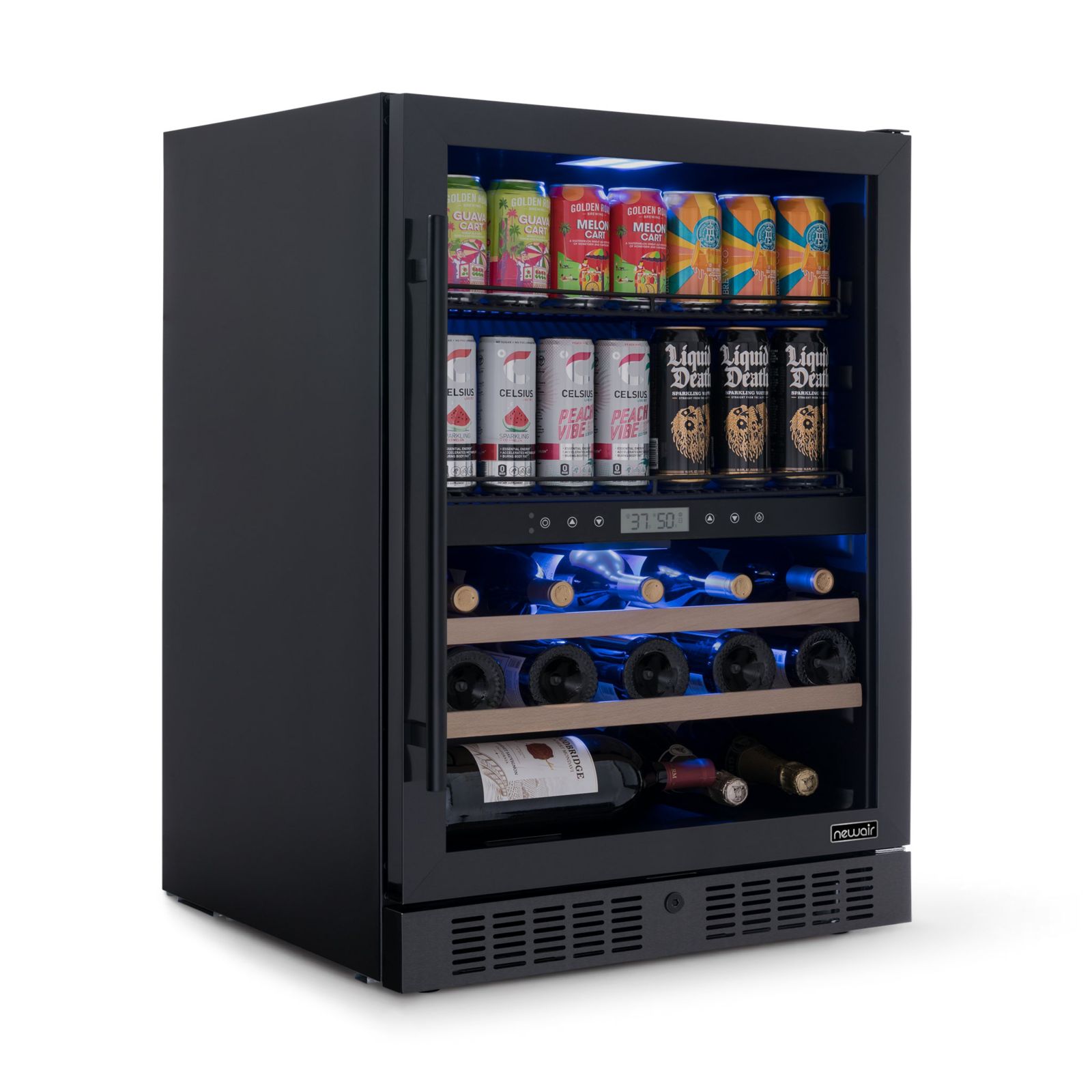 Newair 24" Dual Zone Fridge - Holds 24 Wine Bottles & 100 Cans, Quiet Cooling, Charcoal Filter, Door Alarm, Black Stainless Steel.