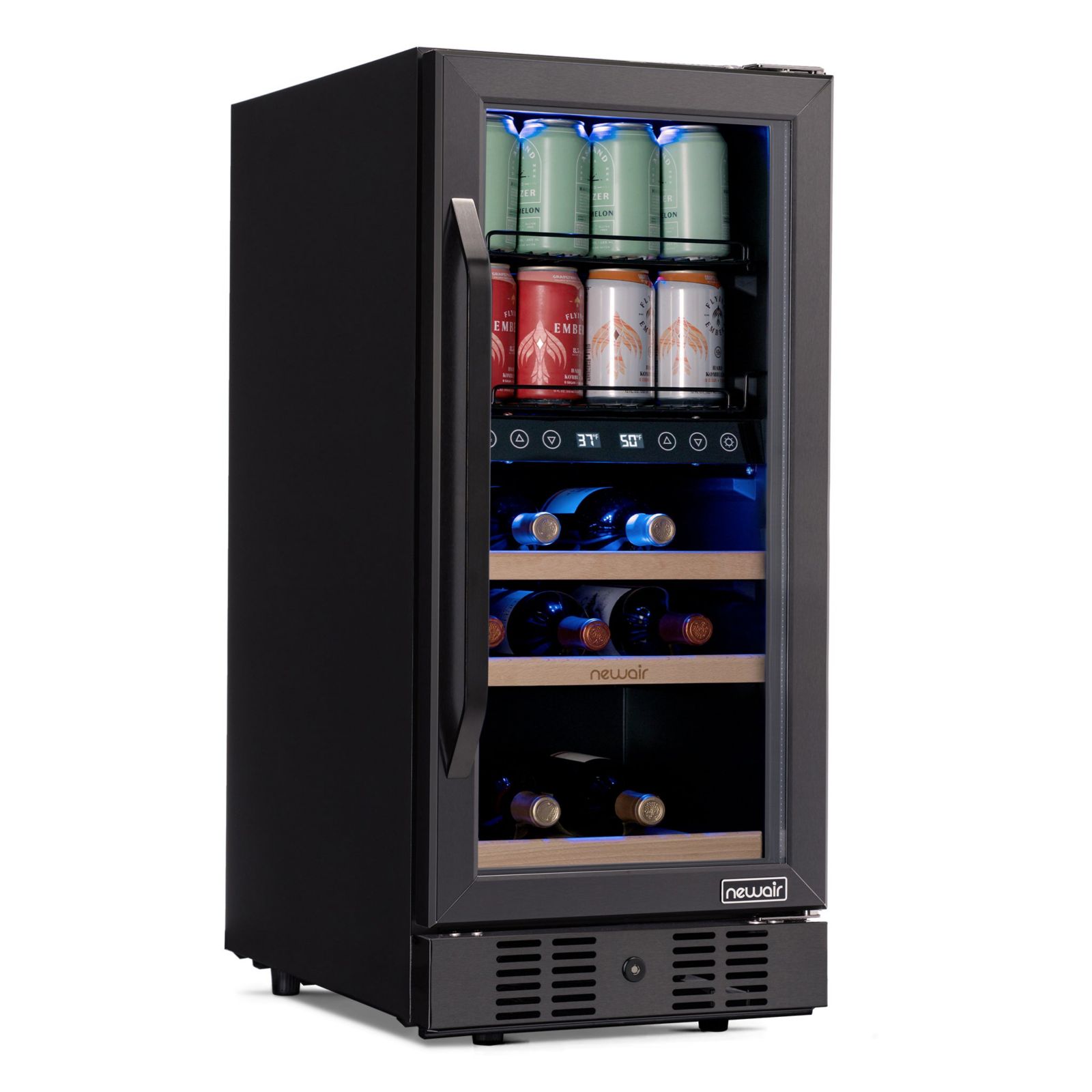 Newair Wine & Beverage Refrigerator - 15" Dual Zone, 13 Bottles & 48 Cans, Black Stainless, Tempered Glass Door, Quiet Cooling
