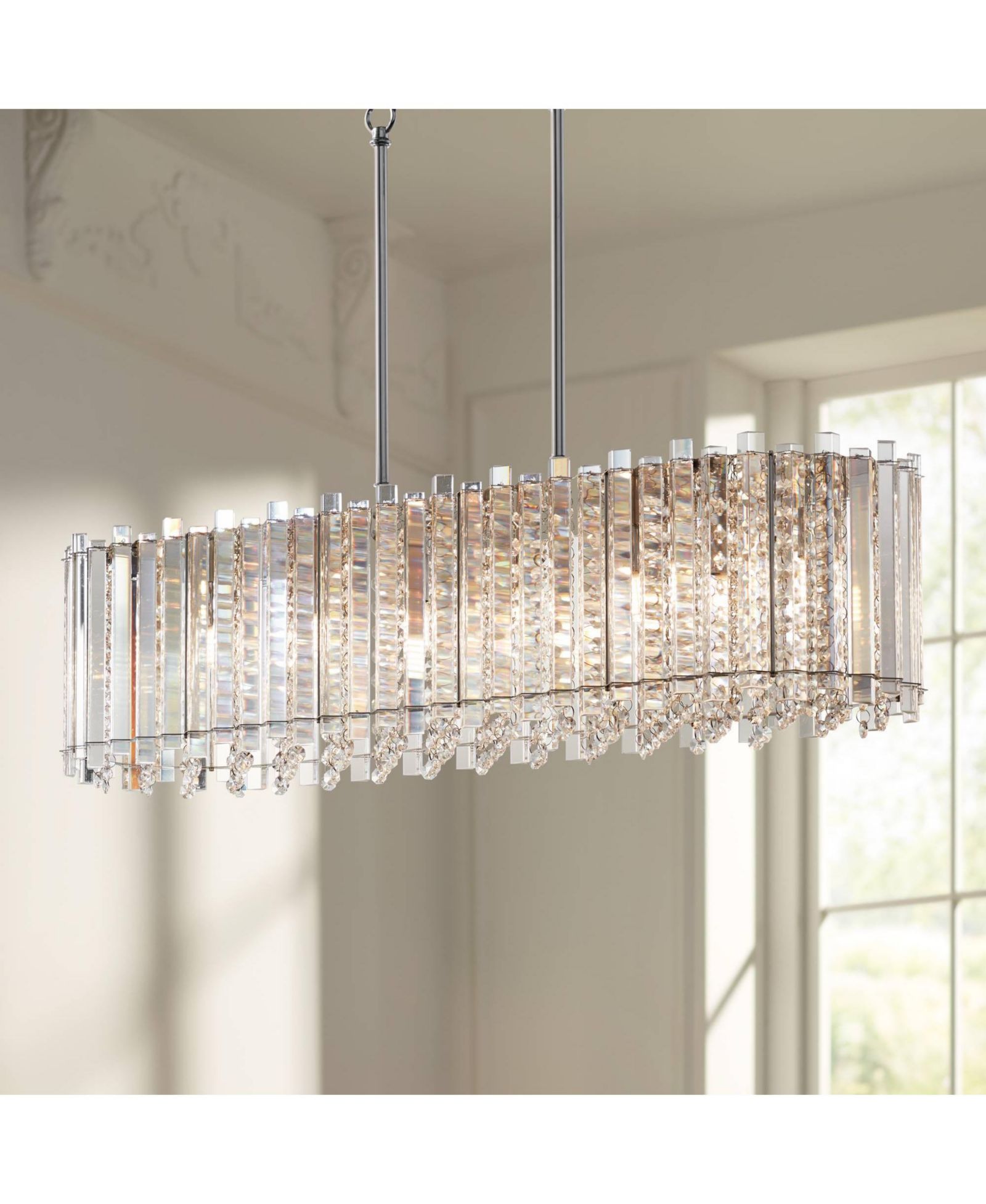 Люстра-подвеска Possini Euro Design Mirabell Chrome Linear Island Modern LED Clear Glass Crystal 6-Light для столовой и кухни