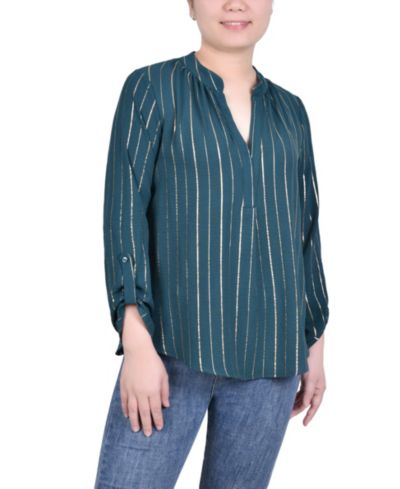 NY Collection Женская блузка Petite с длинным рукавом и полоской фольги