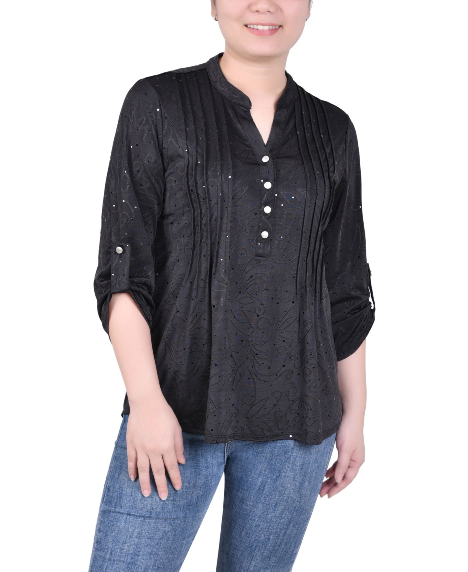 NY Collection Petite 3/4 Sleeve Roll Tab Y Neck Top