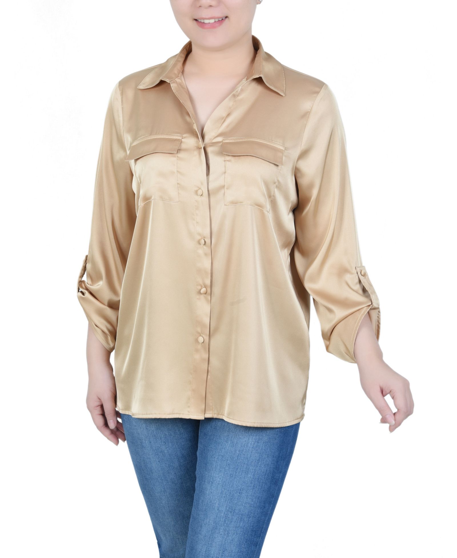 Блузка NY Collection Petite 3/4 Sleeve Roll Tab Satin