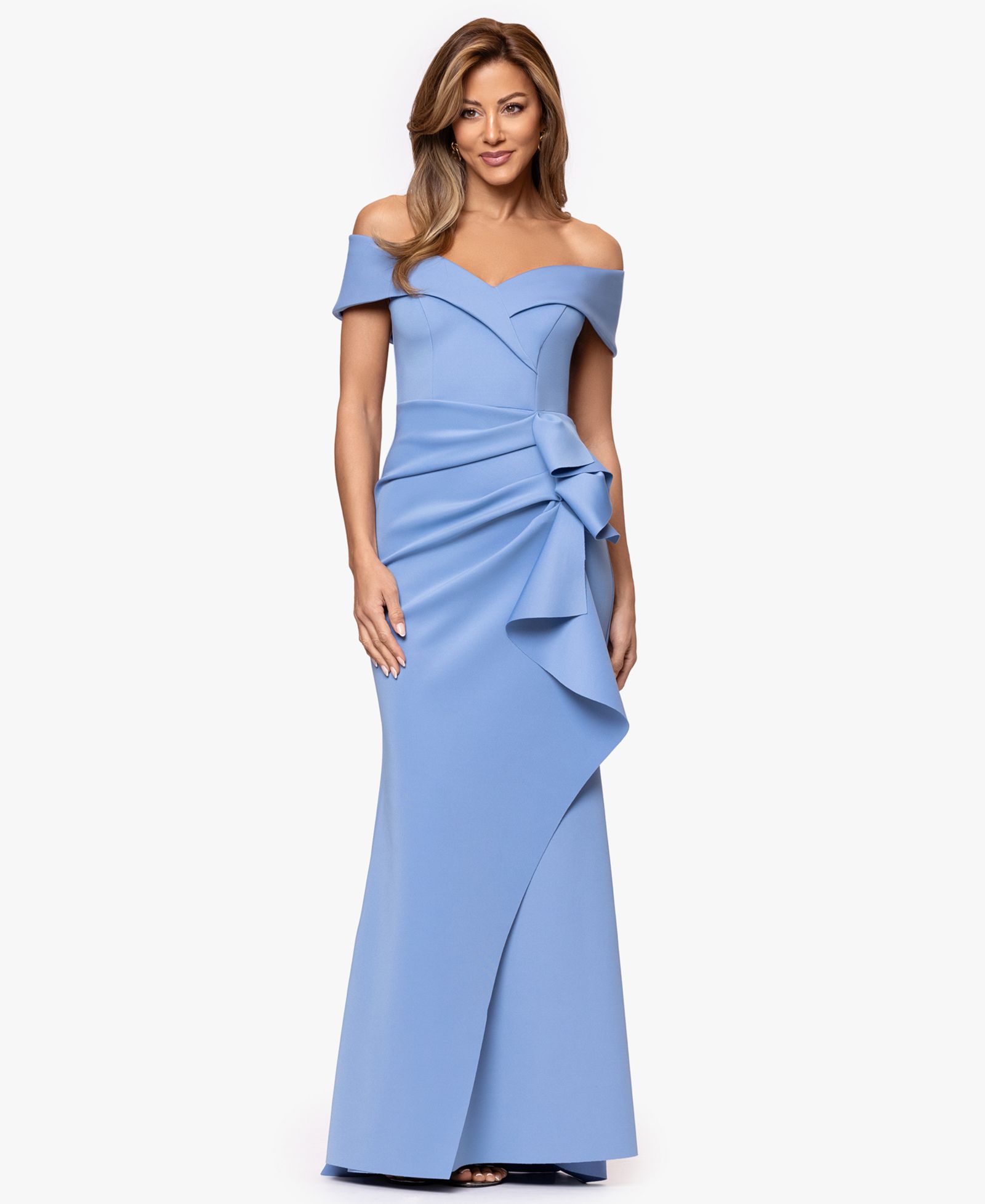 XSCAPE Petite Scuba Off-The-Shoulder Gown