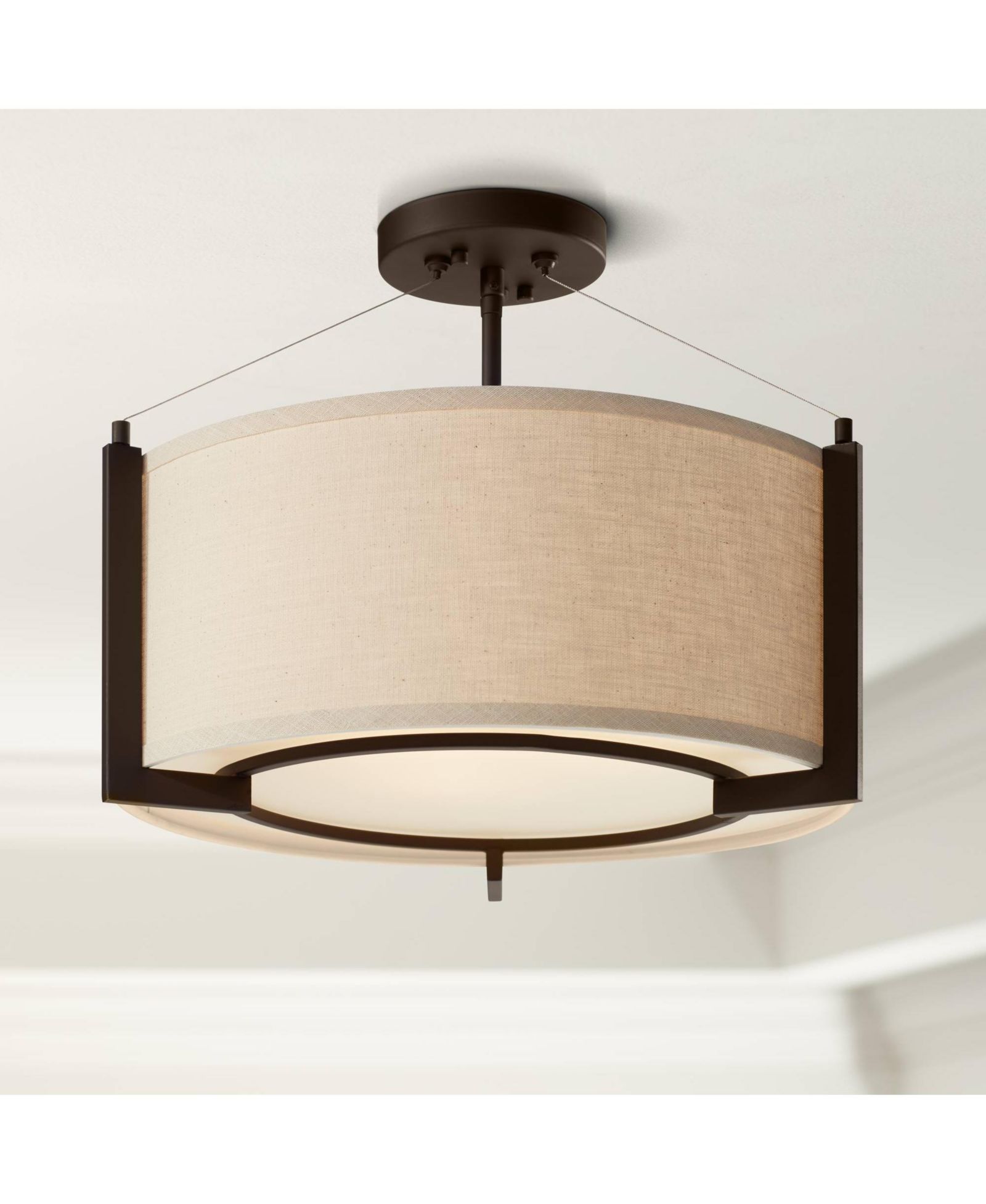 Possini Euro Design  17 1/4" Wide Bronze 3Light Linen Drum Shade Stinson Modern Ceiling Light Semi Flush Mount Fixture