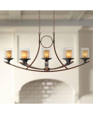 Franklin Iron Works Tafford Warm Mahogany Wood Island Linear Pendant Chandelier 43 1/4" Wide Farmhouse Rustic Clear Scavo Glass Faux Candle Shades 8-Light Fixture for Dining Room House Kitchen