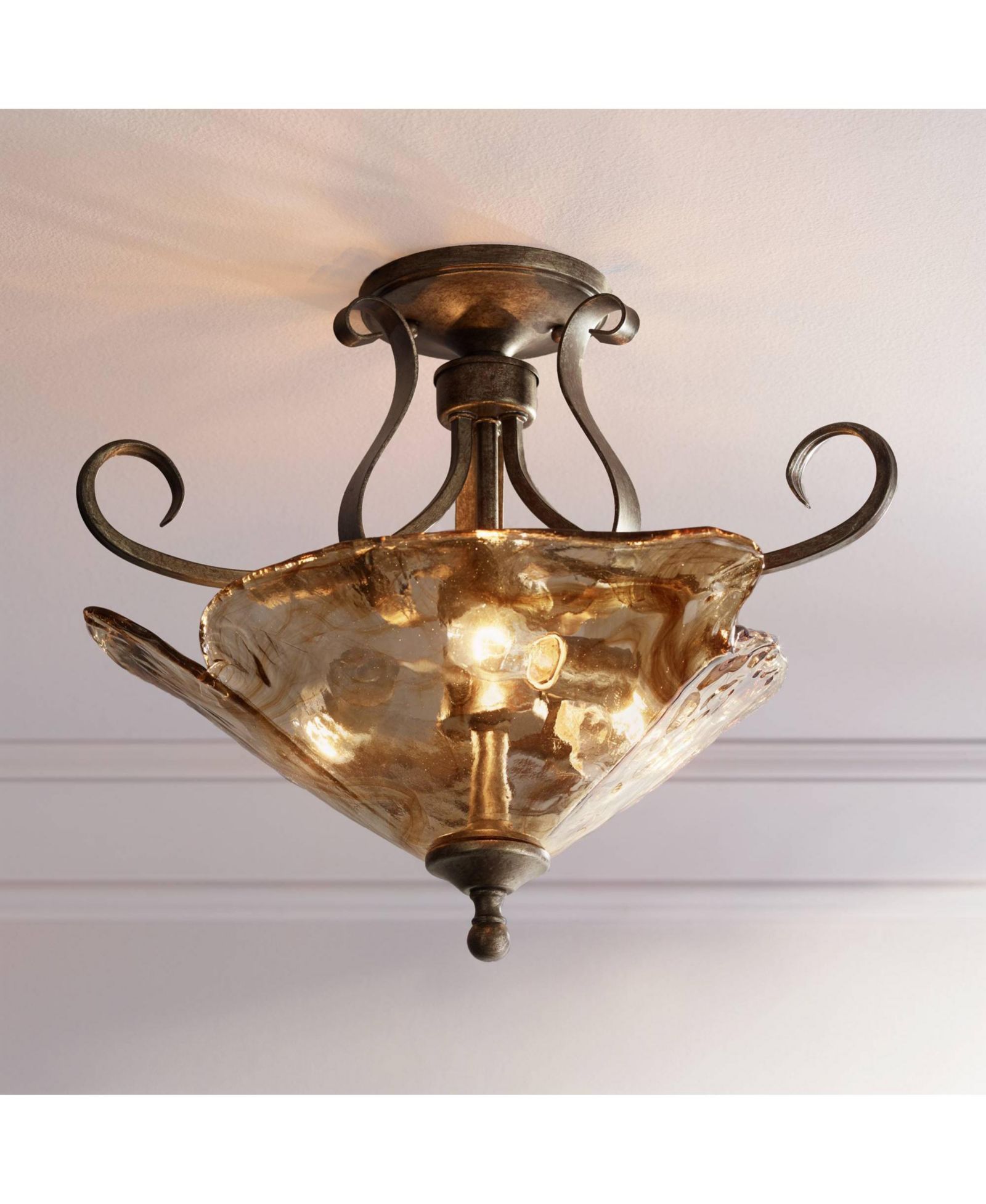 Franklin Iron Works Amber Scroll Modern Ceiling Light Semi Flush Mount Fixture 20 1/4" Wide Golden Bronze Art Glass for Bedroom Kitchen Living Room