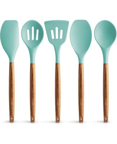 Zulay Kitchen 5 Piece Silicone Utensils Set with Authentic Acacia Wood Handles