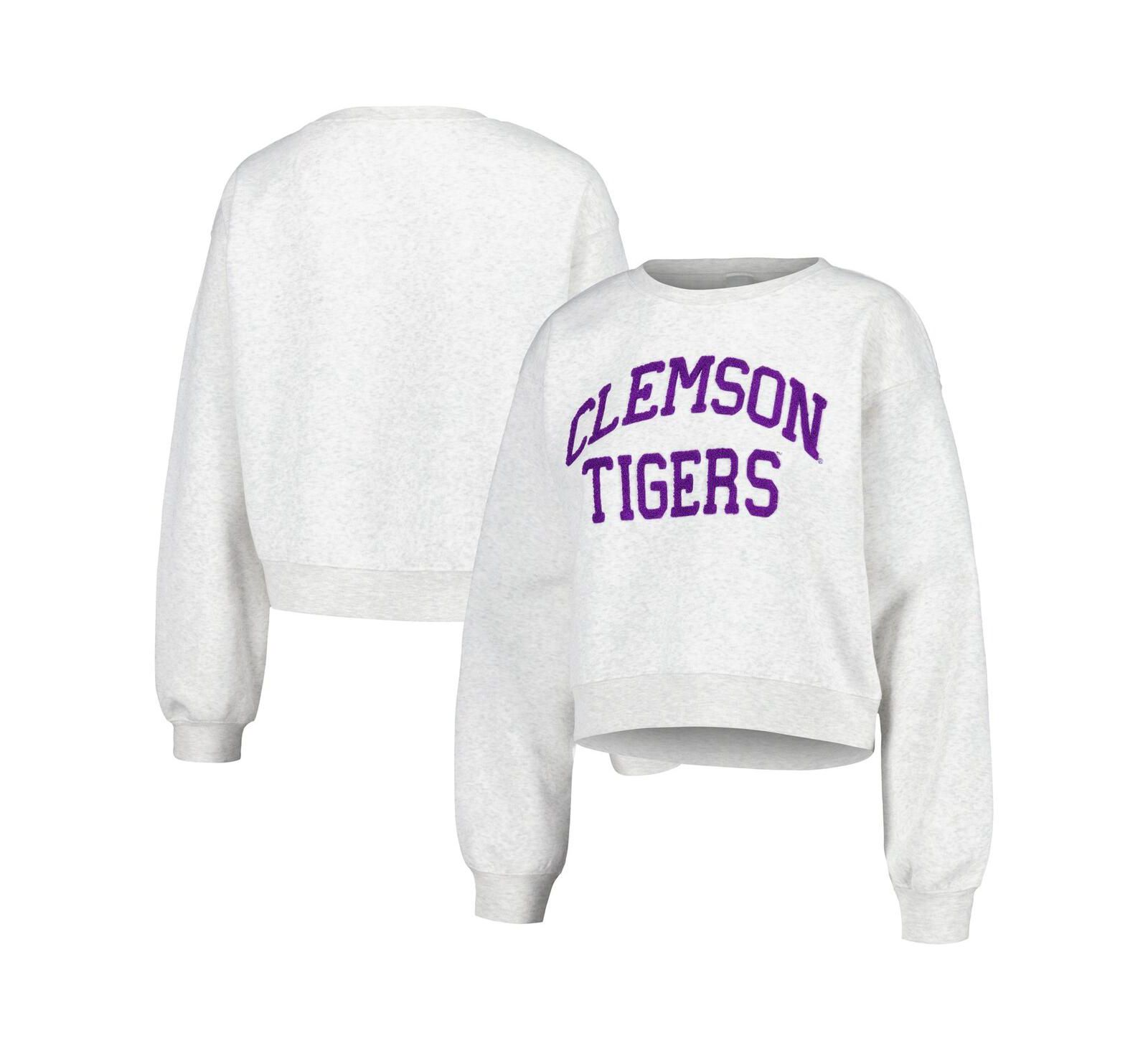 Женский ZooZatz Oatmeal Clemson Tigers Core Chenille Cropped Pullover Sweatshirt