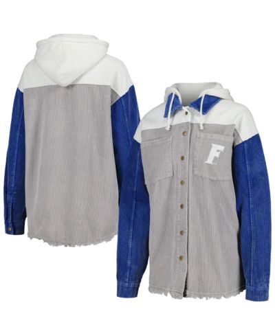 Женская шacket Gameday Couture Gray Distressed Florida Gators Vintage-Like Wash Corduroy Full-Snap Hooded