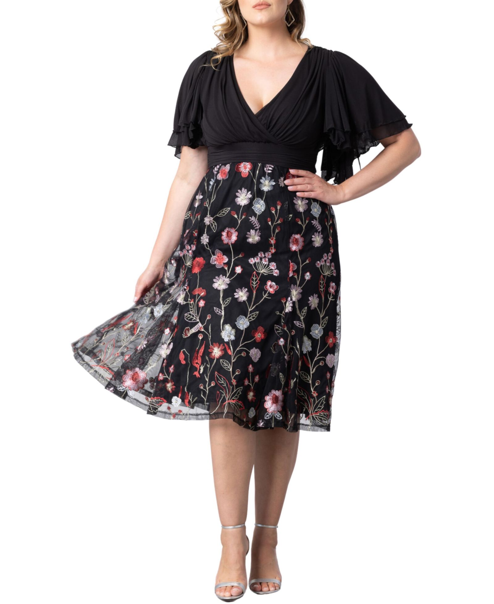 Kiyonna Plus Size Lillian Embroidered Mesh Midi Cocktail Dress