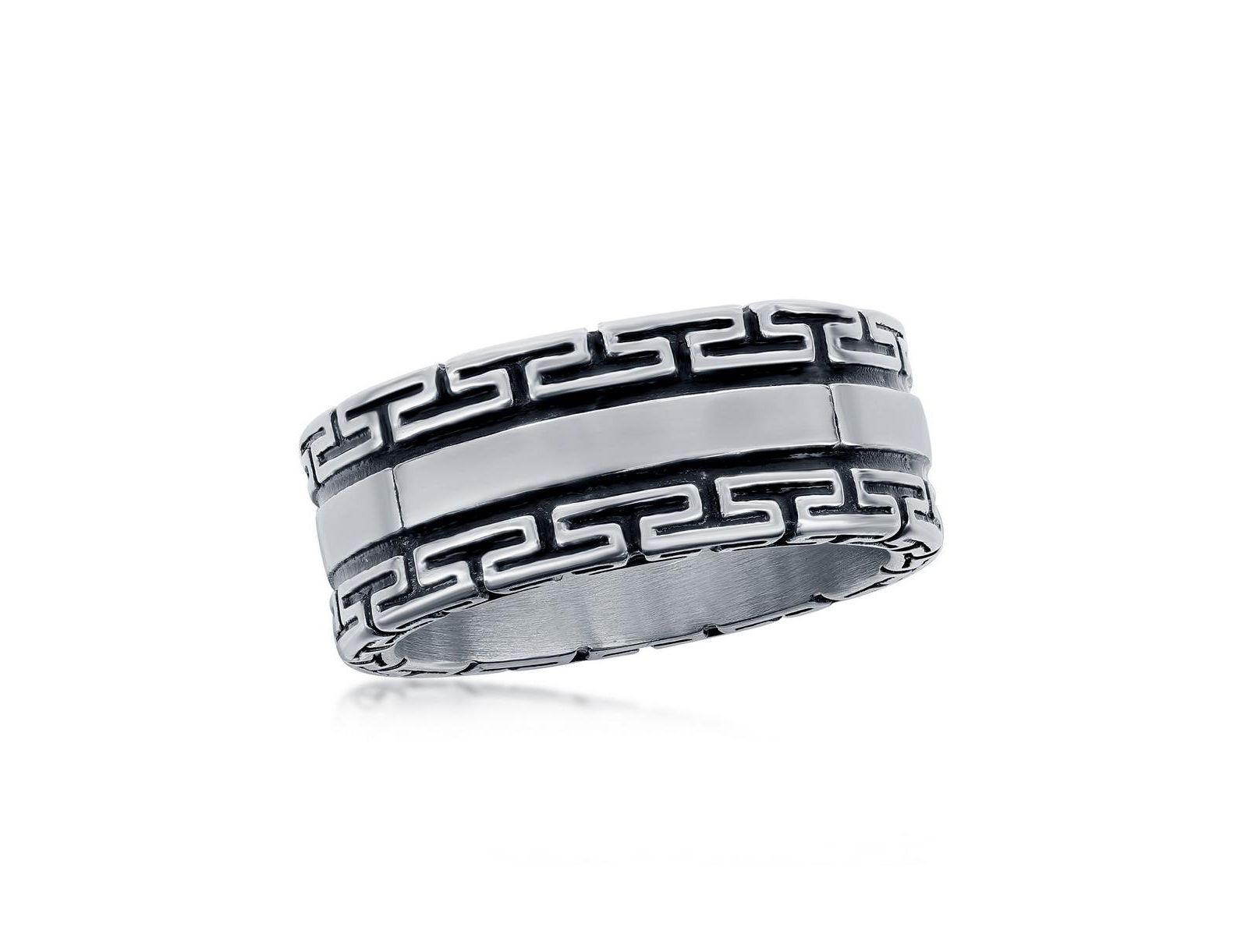 Stainless Steel Oxidized Greek Key Ring