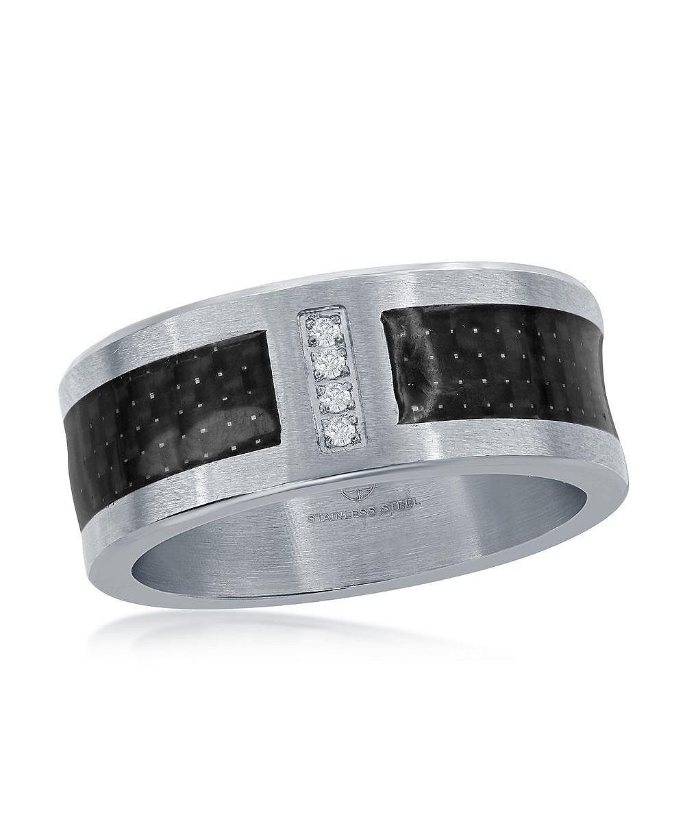 Stainless Steel Black Carbon Fiber CZ Ring