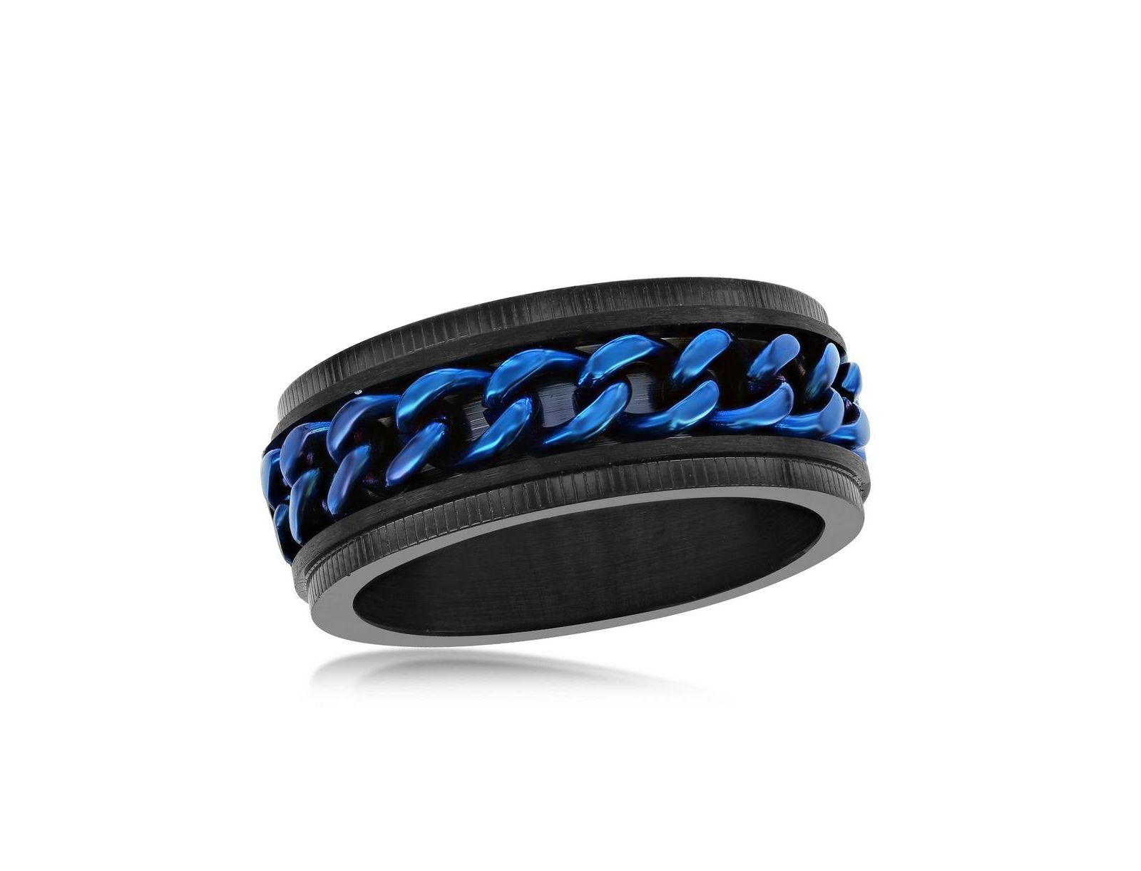 Stainless Steel Blue Cuban Link Ring - Black Plated