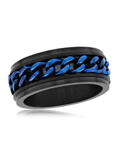 Stainless Steel Blue Cuban Link Ring - Black Plated