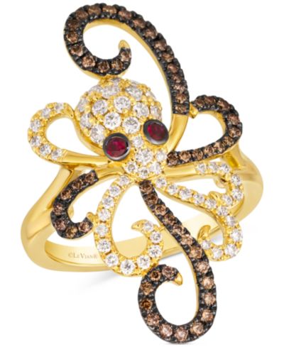 Le Vian® Chocolate Diamond & Nude Diamond (7/8 ct. t.w.) & Passion Ruby (1/20 ct. t.w.) Octopus Ring in 14k Gold