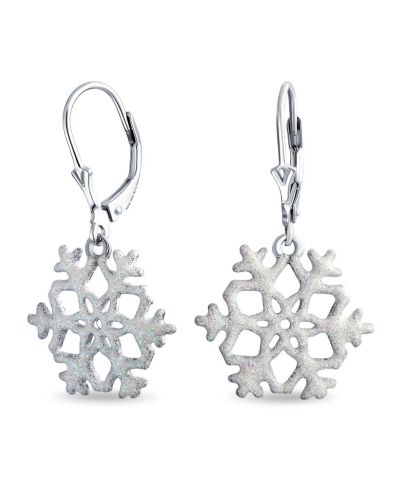 Bling Jewelry Christmas Holiday White Glitter Snowflake Dangle Earrings Sterling Silver