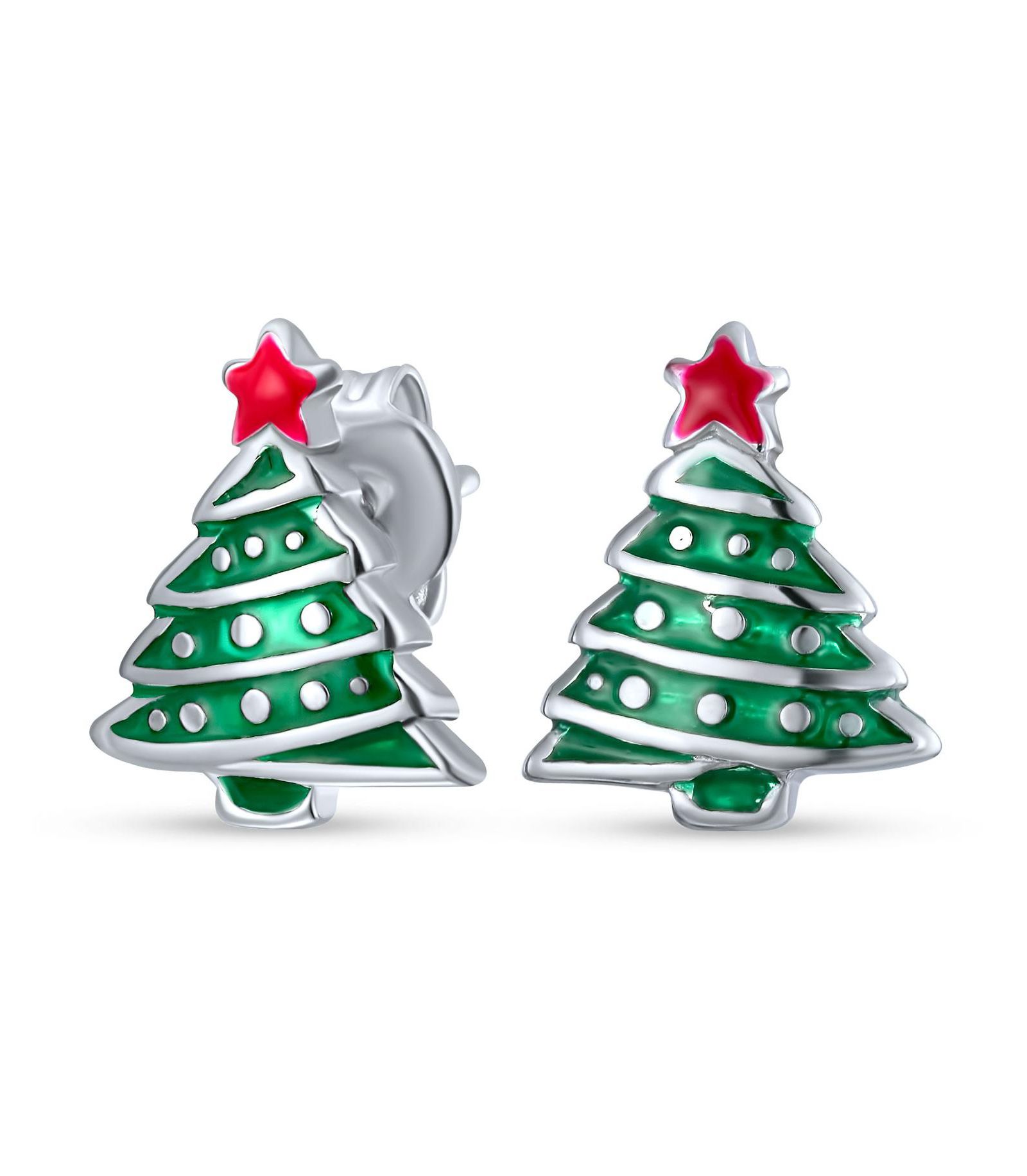 Bling Jewelry Holiday Christmas Tree Stud Earrings Multicolor Red and Green Sterling Silver